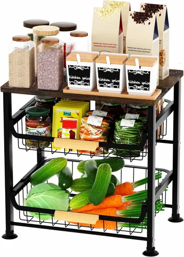 Cesta de frutas y verduras para cocina, organizadores y almacenamiento de despensa de 3 niveles, organizador de aperitivos para encimera, carrito de