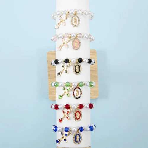 Miniatura 3 de Pulsera elástica de Virgen María con dije de cruz – Cristal de perlas multicolor con cuentas de joyería religiosa católica para mujer, regalo