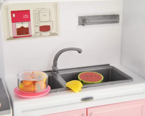 Miniatura 8 de PowerTRC Juego de juguetes de cocina para muñecas, mini juguete moderno rosa, muebles de cocina, juego de accesorios con luz y sonido realistas