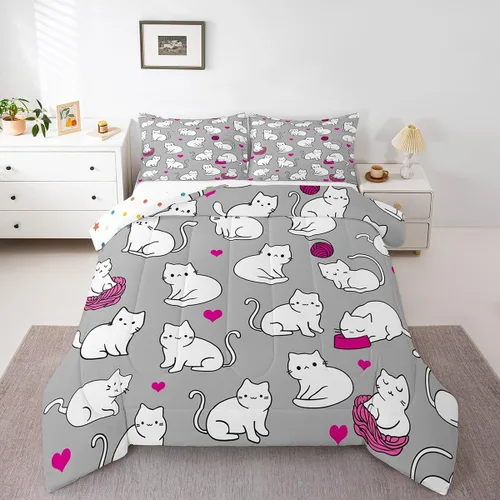 Miniatura 25 de Erosebridal Lindo juego de edredón de gato, tamaño individual, kawaii, fresa, juego de ropa de cama para niñas, diseño de arco iris, edredón rosa