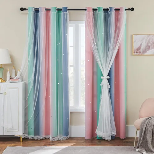 Miniatura 55 de XiDi Cortinas opacas con estrellas para habitaciones de niños, cortinas verdes para ventana de dormitorio de niños, azul y gris, 52 pulgadas de Azul