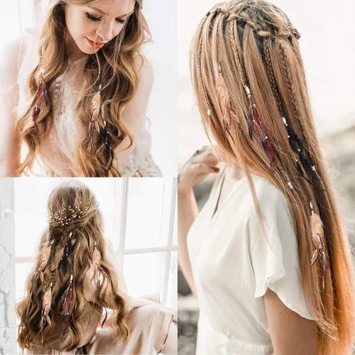 Miniatura 3 de Paquete de 6 extensiones de cabello hippie bohemio hechas a mano con clip de plumas, tocado de peine, accesorios de bricolaje para mujer