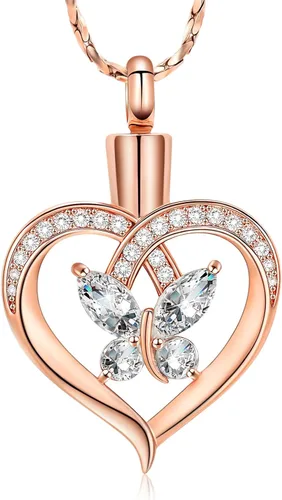 Miniatura 29 de Imrsanl Collares de urna de mariposa para mujeres y niñas, joyería de cremación con piedra natal, colgante para cenizas humanas, medallón