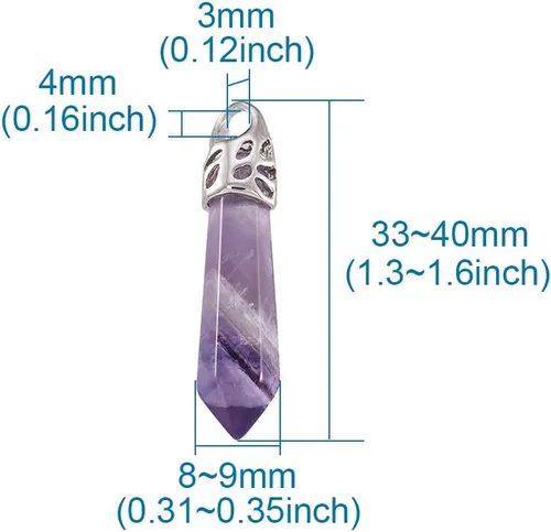 Miniatura 3 de FASHEWELRY 12 piezas dijes de amatista en forma de bala, cristales hexagonales de chakra, dijes de cuarzo puntiagudo con asa de aleación de platino