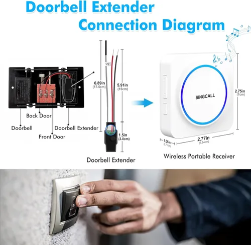 Miniatura 4 de SINGCALL Extensor de timbre inalámbrico para convertir con cable a inalámbrico para timbre con cable existente, receptor LED portátil, 32 campanas