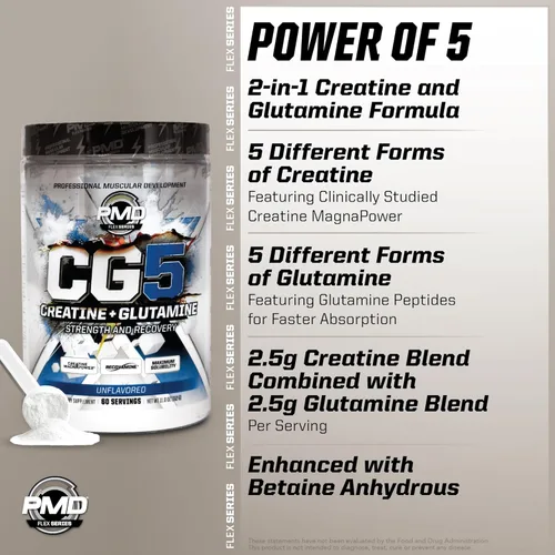 Miniatura 5 de PMD Sports CG5 Polvo Premium de Creatina y L Glutamina, Recuperación de Energía, Construye Músculo Delgado, Aumenta el Rendimiento en Entrenamiento