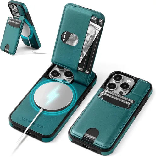 SkyEagle Funda compatible con Magsafe para iPhone 13 Pro Max con soporte para tarjetas, función atril, bloqueo RFID, ranuras para tarjetas de