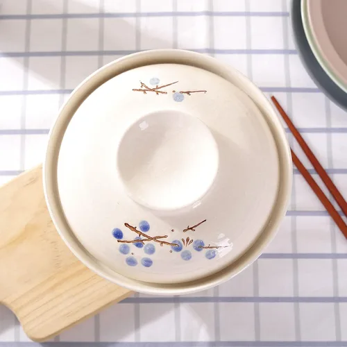 Miniatura 3 de WHJY Vajilla japonesa creativa de cerámica pintada a mano con tapa para sopa y fideos, con función de preservación del calor, cuenco y tapa azul