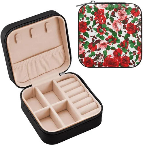 WELLDAY Jewelry Box Red Rose Flower Portable Travel Jewelry Case Organizer Bag Storage Box for Necklace, Earrings, Rings, Bracelet