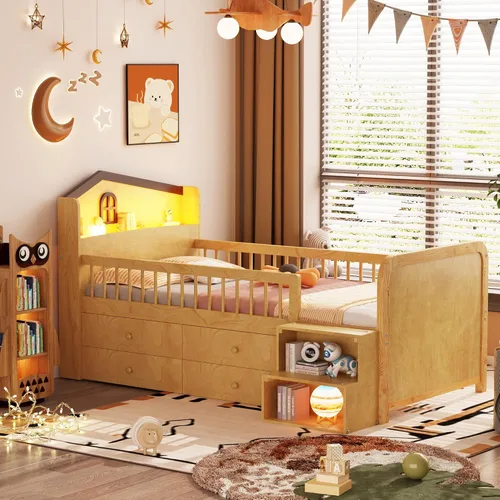 Miniatura 13 de Cama de plataforma de tamaño individual con cabecera de almacenamiento y luz LED integrada, base de cama de plataforma de madera con barandilla