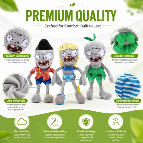 Miniatura 4 de Dyharnsty Juego de 3 bonitos juguetes de peluche de zombi, muñeca de peluche de PVZ para niños, grandes regalos para niños y fanáticos