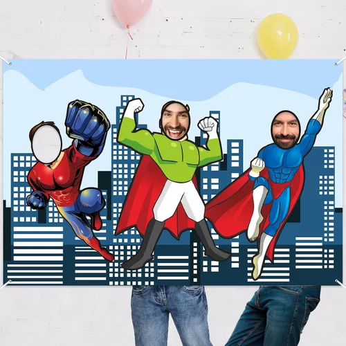 Miniatura 6 de Pancarta de fotos de superhéroe, fondo grande de cara de héroe, accesorios para cabina de fotos, decoración divertida de temática de superhéroes