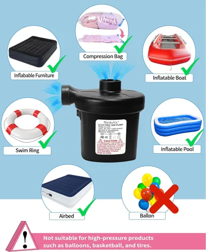 Miniatura 5 de Bomba de aire eléctrica inflable, bomba de inflado rápida portátil de 110 V AC/12 V CC con 3 boquillas, utilizada para barcos inflables, etc