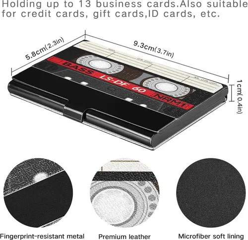 Miniatura 3 de ALAZA Titular de la tarjeta de visita de la vendimia de la música del casete de audio de cuero de acero inoxidable delgado bolsillo cartera
