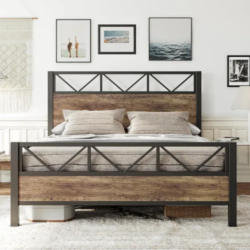LIKIMIO - Base de cama Queen, cabecero industrial alto de 51.2", con soporte metálico resistente, estructura de cama sólida y estable, libre de