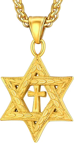 Miniatura 31 de U7 - Collar con Estrella de David para hombres y mujeres, dije hexagonal de acero inoxidable con cruz/piedra de rubí/collares clásicos judíos