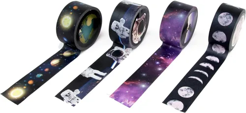 Suck UK | Cinta Washi | Juegos de 4 cintas Washi con temática espacial | Cintas de papel anchas Regalos espaciales | Suministros estéticos de