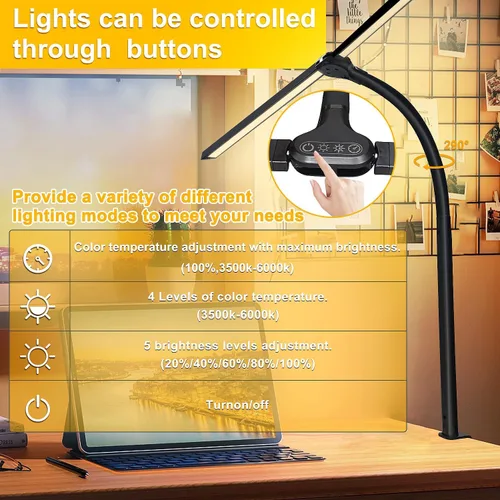Miniatura 3 de lámpara de escritorio LED de doble cabezal para oficina - lámpara para el cuidado de los ojos con abrazadera, luz de escritorio de cuello de ganso
