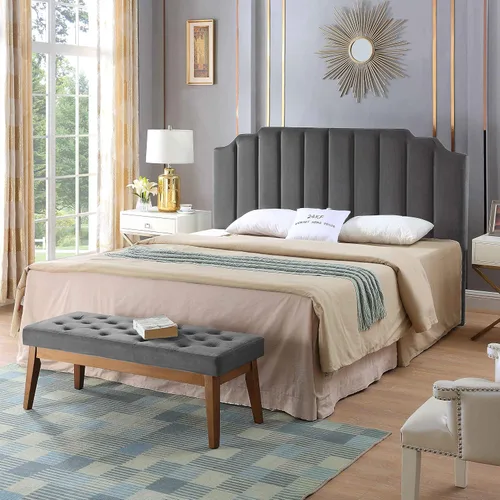 Miniatura 3 de 24KF - Cabecera tapizada de terciopelo gris oscuro con botones, tamaño California King, diseño moderno de canales verticales con borde superior