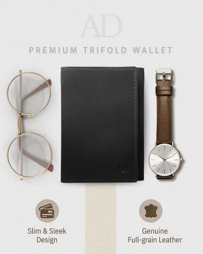 Miniatura 33 de Billetera de triple pliegue con RFID, cuero genuino, delgado, con ventana de identificación, bolsillo frontal, regalo para hombre
