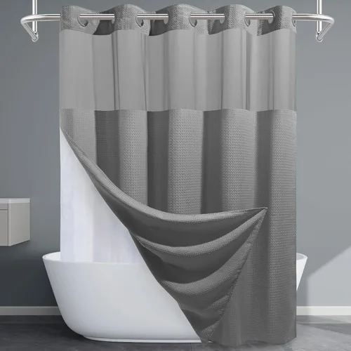 Miniatura 27 de EUTXL Cortina de ducha beige sin gancho con forro a presión, cortinas de ducha de tejido gofre de 230 GSM para baño, 54 pulgadas de ancho x 80