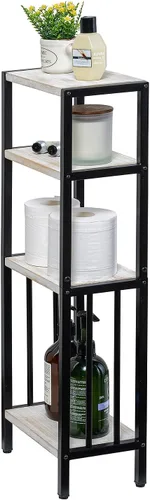 Miniatura 5 de MyGift Estante de pie de 4 niveles de madera maciza lavada de color blanco desgastado y metal negro mate, estante decorativo rectangular