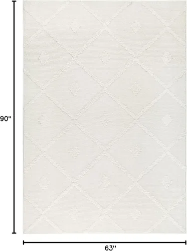 Miniatura 2 de Antep Rugs Palafito 5x7 Alfombra de Área Interior Geométrica Shag Diamante de Pelo Alto-Bajo Texturizada (Blanco, 5'3" x 7'6")