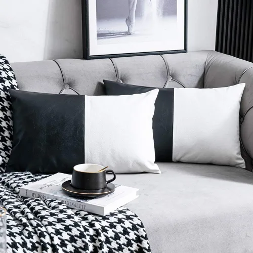 DEZENE Fundas de Almohada Decorativas de Cuero Sintético y Algodón para Sofá Cama Sofá, Juego de 2 de 12 x 20 pulgadas Modernas Cuadradas Negro