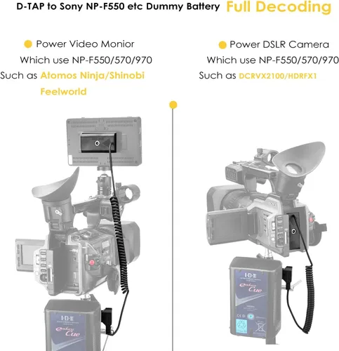 Miniatura 2 de D-Tap a NP-F970 - Cable de alimentación en espiral con batería ficticia compatible con Sony NP-F550/770/570 Panel de alimentación Feelworld Atomos