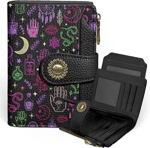 Miniatura 32 de Icycay Cartera pequeña para mujer, plegable con bloqueo RFID, soporte para tarjetas de crédito, bolsillo con cremallera para monedas, piel