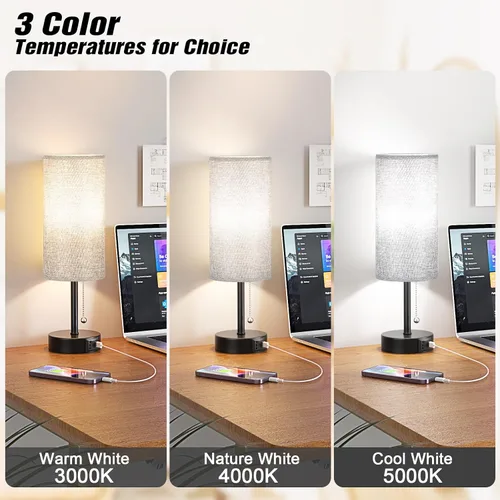 Miniatura 6 de Juego de 2 lámparas de noche grises para dormitorio, lámpara de mesa de noche con puerto de carga USB A + C, 3 temperaturas de color, cadena