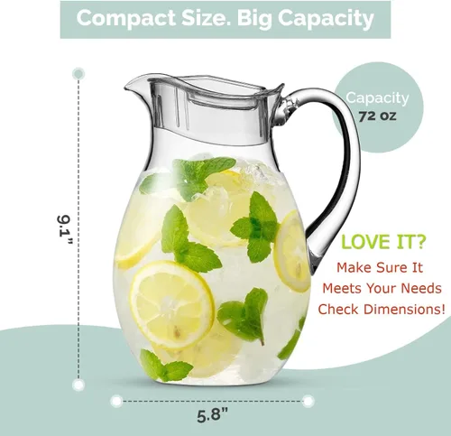Miniatura 6 de Jarra acrílica (72 onzas), plástico transparente, jarra de agua con tapa, inastillable, jarra transparente sin BPA, ideal para sangría, limonada