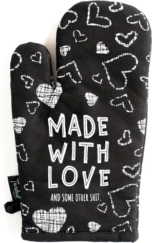 Twisted Wares Divertidos guantes de horno con refranes, hechos con amor, regalos de cocina, soporte para ollas de lona de algodón, regalo de