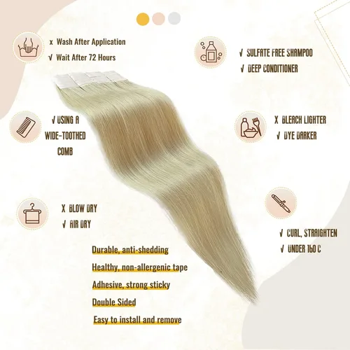 Miniatura 6 de Extensiones adhesivas rubias de cabello humano brasileño grado 9A, #60 rubio platino, cinta en 12 pulgadas, 20 unidades por juego, extensiones