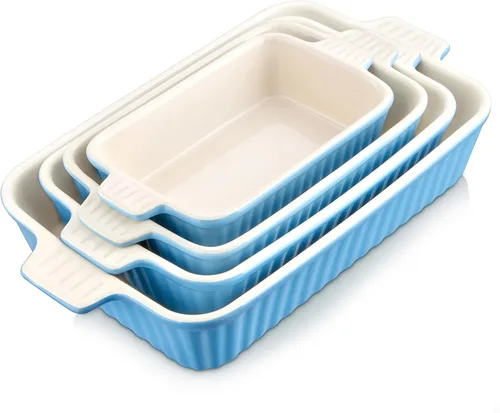 MALACASA Cacerola para horno, platos de cerámica para hornear, juegos de 4 platos de cerámica, sartenes rectangulares para lasaña profundas con asas