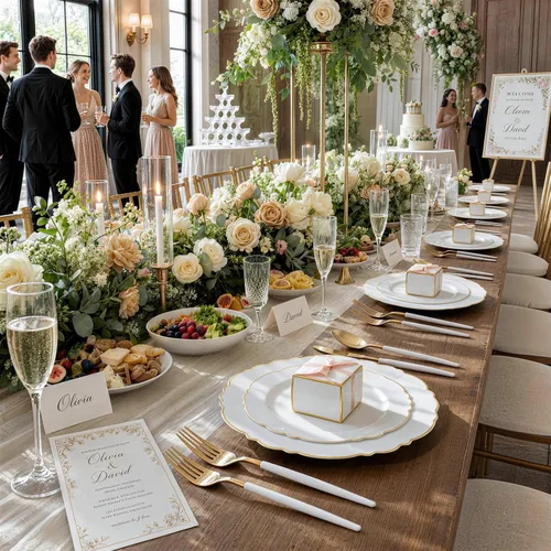 Miniatura 3 de WDF - Vajilla de plástico desechable para 30 invitados platos color oro y cubiertos color oro con mango blanco - Vajilla de plástico barroco blanco