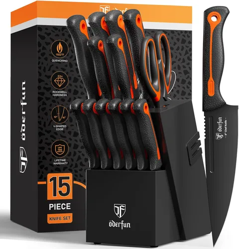 Juego de Cuchillos con Bloque - 15 piezas, Juego de Cuchillos de Cocina Aptos para Lavavajillas, Acero Inoxidable de Alto Carbono, Juego de