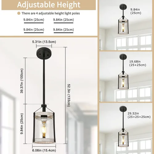 Miniatura 2 de Lámpara colgante de granja, luz de cocina de vidrio sembrado con jaula de metal, lámpara colgante rústica con acabado de madera envejecida, luz