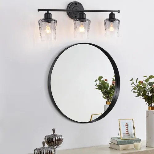 Miniatura 8 de Lámpara de baño de 3 luces, lámpara de tocador negra mate con pantalla de vidrio gris, moderna lámpara de pared de baño E26 para sobre espejo