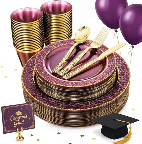 Miniatura 12 de Nervure 150 piezas de platos de plástico transparente con cubiertos martillados dorados que incluyen 25 platos de cena, 25 platos de postre, 25