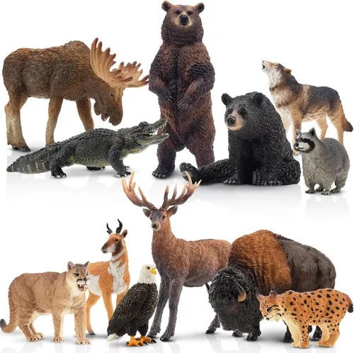 Miniatura 10 de Toymany 12 figuras de animales del bosque, figuras realistas de animales del bosque, juguetes incluyen elefante, león de montaña, jirafa y cachorros
