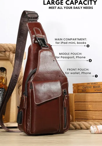 Miniatura 5 de Bolso bandolera pequeño de cuero para mujeres y hombres, bolsa cruzada, bolsa de pecho, mochila de viaje de hombro, resistente al agua, Caoba