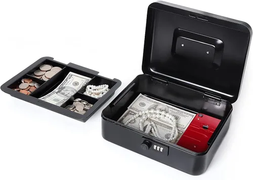 Miniatura 3 de Caja de efectivo con cerradura de combinación, caja de dinero de metal para efectivo, caja de bloqueo Lovndi con bandeja de dinero, 9.84 x 7.87 x