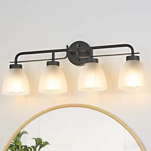 Miniatura 17 de Luces de tocador modernas de mediados de siglo de 16 pulgadas, lámpara dorada de 2 luces con pantallas de campana blancas esmeriladas, aplique