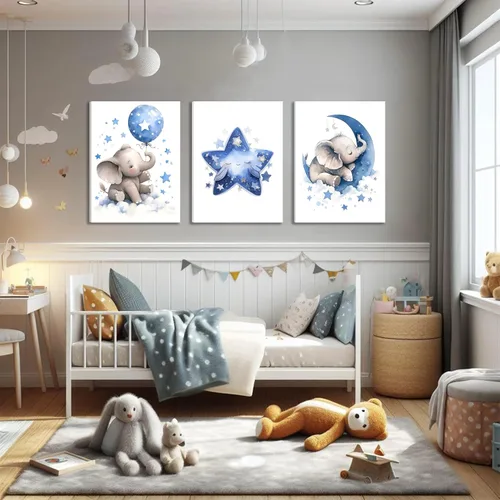 Miniatura 2 de Juego de 3 Arte de Pared en Lienzo para Cuarto de Bebé Niño, Pintura de Decoración de Pared con Imagen de Elefante Azul Luna y Estrellas, Lindos