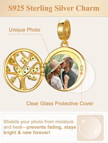 Miniatura 27 de Custom4U Photo Charms for Bracelets 925 Sterling Silver/Gold Plated Heart/Tree of Life/Round Charm Bead Personalized with Picture Custom