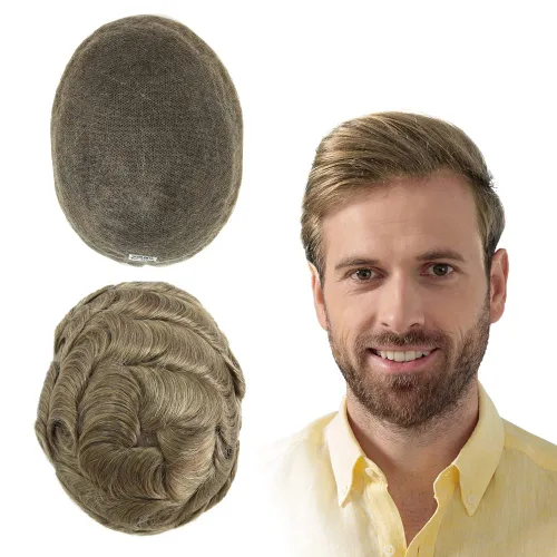 Miniatura 4 de HAIR NATURE Toupee para hombres, sistemas de reemplazo de cabello humano, piezas de cabello rubio de encaje francés completo 8x10#22R