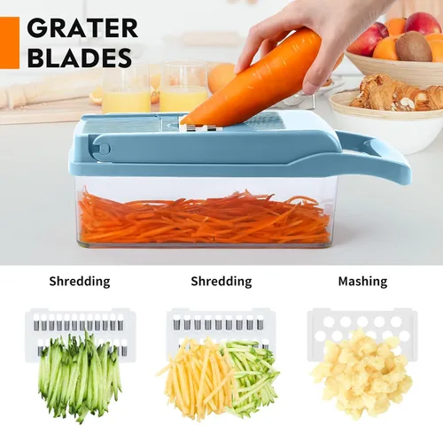 Miniatura 4 de MAIPOR Picadora de verduras Pro, picadora de alimentos multifuncional 13 en 1, cortadora de verduras de cocina con 8 cuchillas para cebolla, Azul