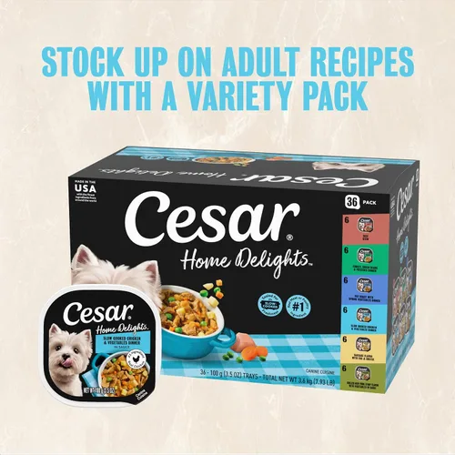 Miniatura 11 de Cesar Home Delights - Comida húmeda para perros adultos, pollo y verduras de cocción lenta en salsa y estofado de ternera, lote variado, comida