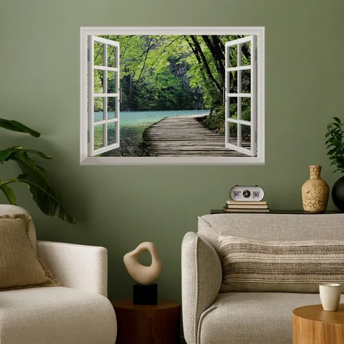 wall26 Ventana blanca mirando hacia fuera en un puente junto a un lago rodeado de árboles, mural de pared, calcomanía extraíble, decoración del